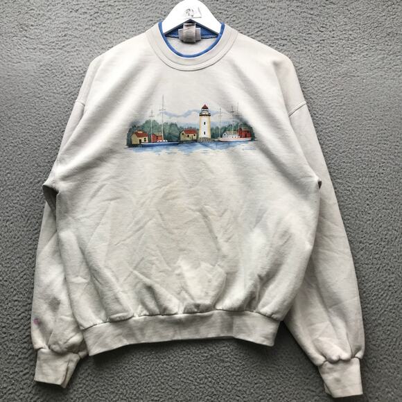 Vintage Morning Sun Lighthouse Scene Graphic Sweatshirt Mens Large Crew Neck - Picture 1 of 11